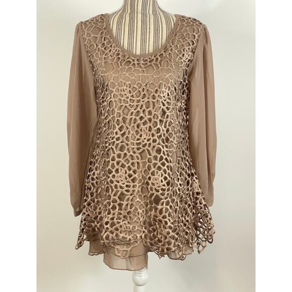 Pretty Angel Brown Open Crochet Lace Puff Sleeve Pullover Top Size Large NEW - Picture 1 of 9